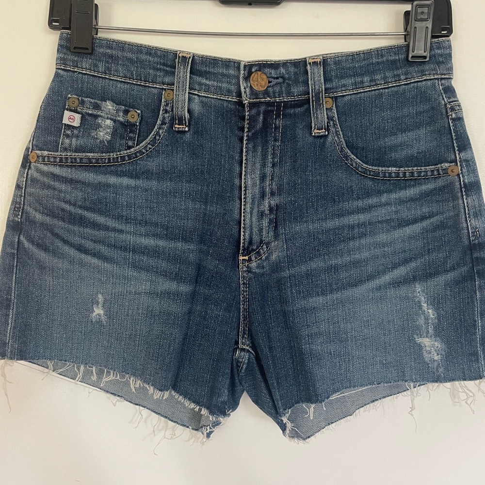 Ag Adriano Goldschmied high rise Blue Jean Shorts with Distressed Details
